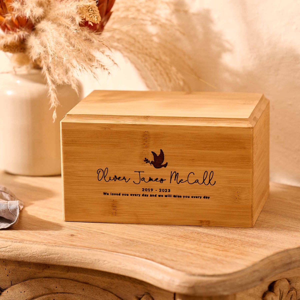 Handcrafted bamboo wood child urn with custom engraving – sustainable ashes keepsake