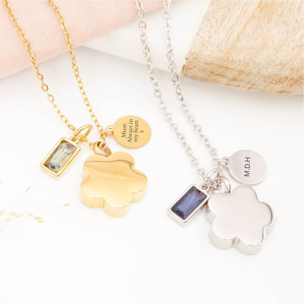 Engraved floral ashes necklace with personalised tag – thoughtful bereavement jewellery for loss of a Mum)