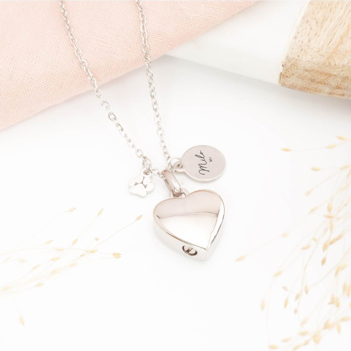 Personalised heart pet ashes necklace – memorial jewellery for pet loss, includes engraved tag and paw print charm