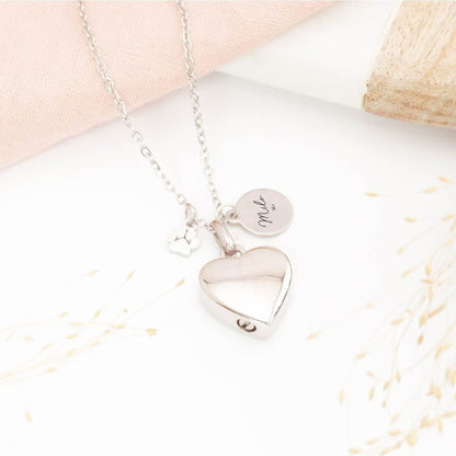 Personalised heart pet ashes necklace – memorial jewellery for pet loss, includes engraved tag and paw print charm