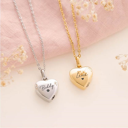 Personalised heart-shaped pet cremation necklace with custom engraving