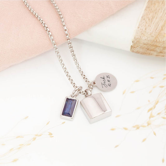Personalised men's square cremation necklace – memorial jewellery for ashes, sympathy gift for grieving parents