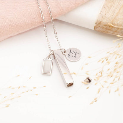 Engraved bar ashes necklace with personalised tag – contemporary bereavement jewellery for loss of a loved one