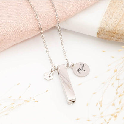 Personalised minimalist pet ashes necklace – sleek memorial jewellery for pet loss, includes engraved tag and paw print charm
