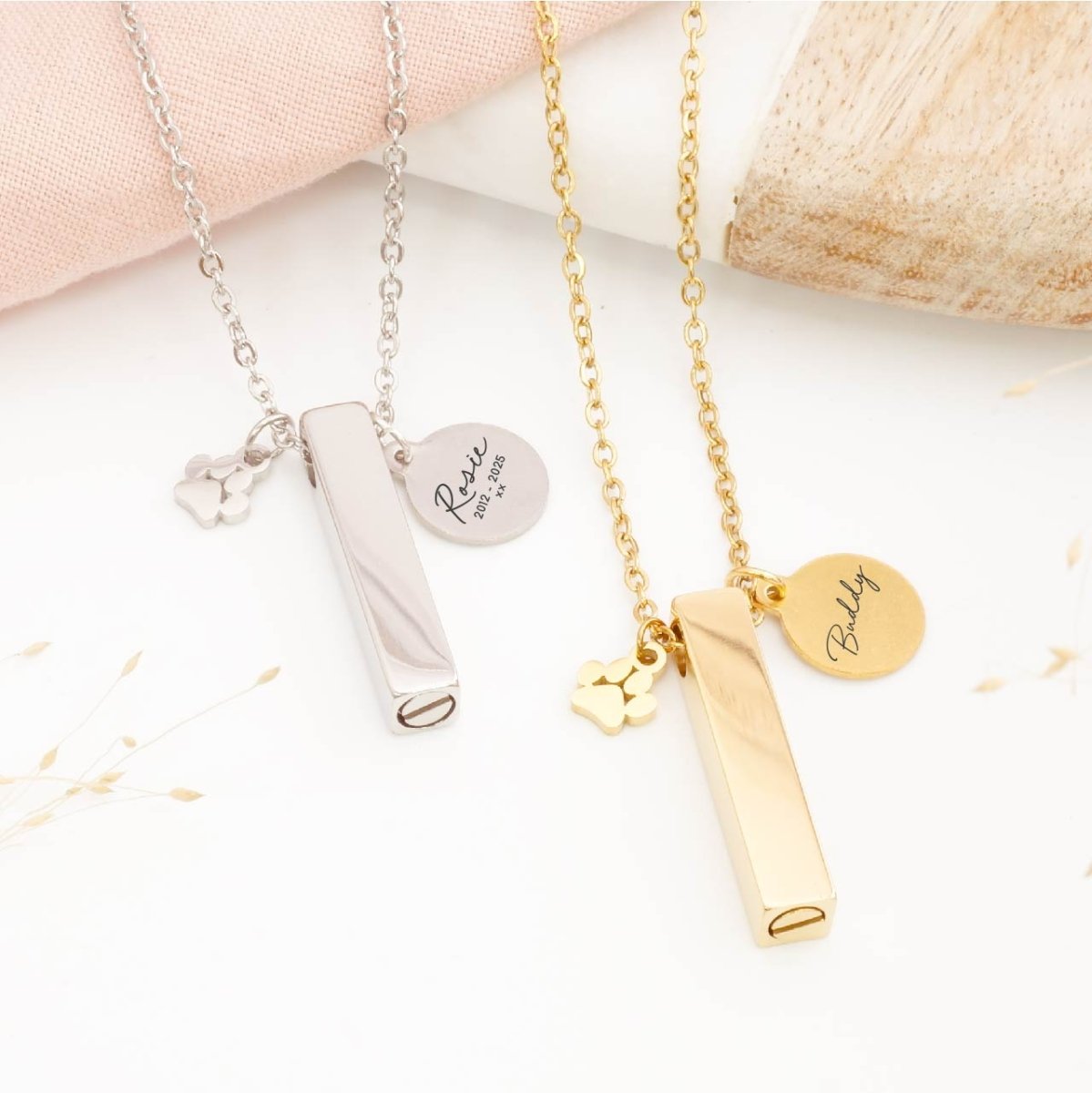 Engraved minimalist pet ashes necklace with paw print charm – simple pet remembrance jewellery