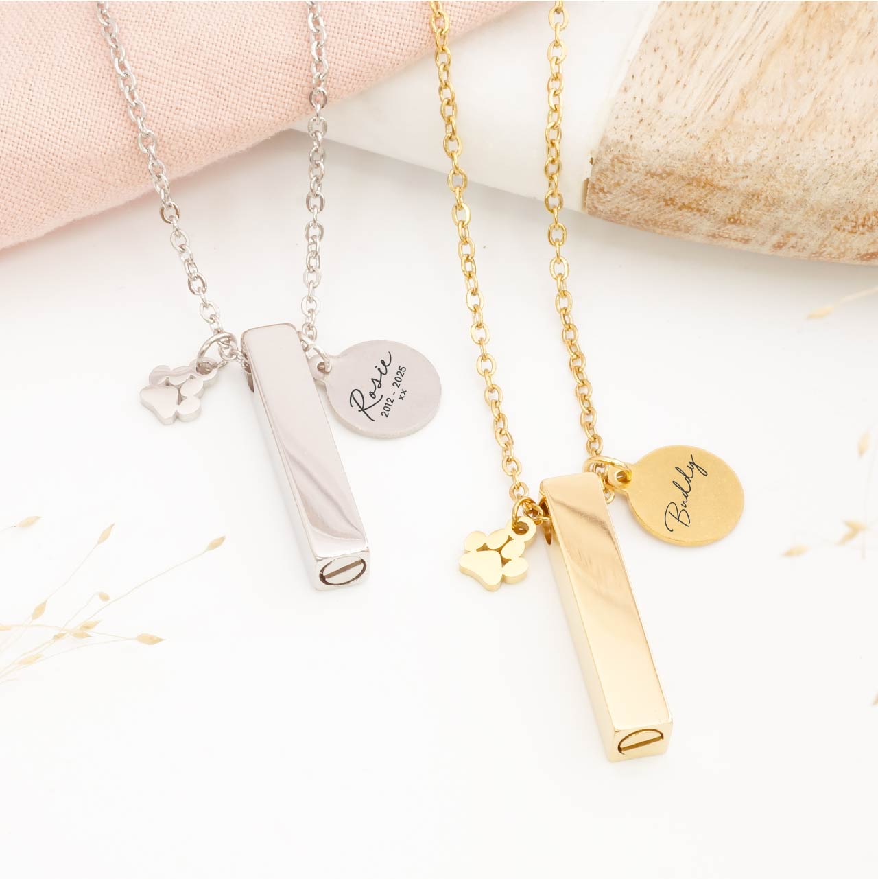 Engraved minimalist pet ashes necklace with paw print charm – simple pet remembrance jewellery