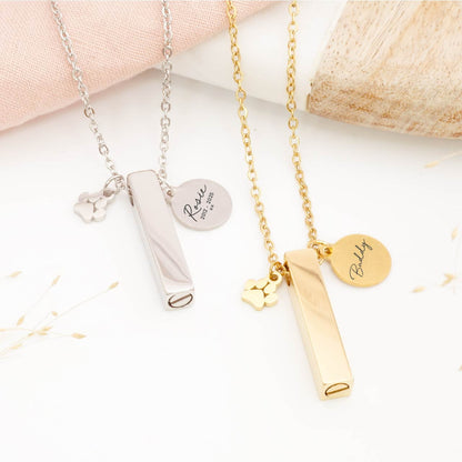 Engraved minimalist pet ashes necklace with paw print charm – simple pet remembrance jewellery