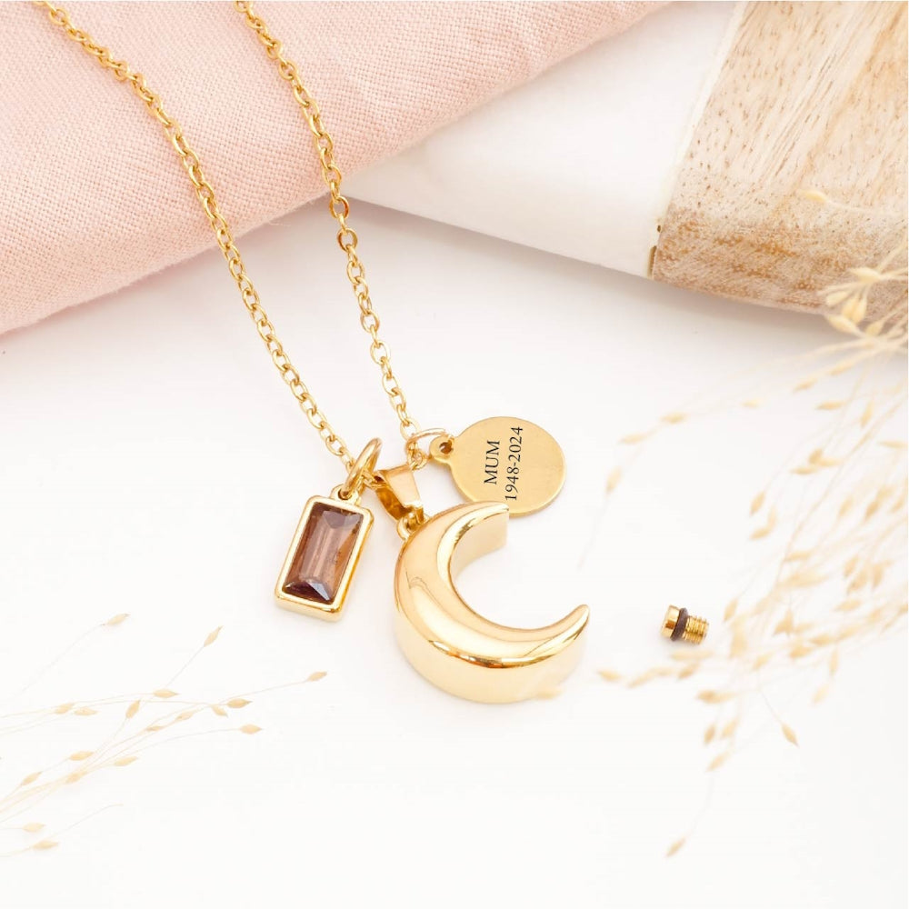 Close-up of moon cremation pendant – detailed view of memorial jewellery for stillborn loss or Mother's Day remembrance