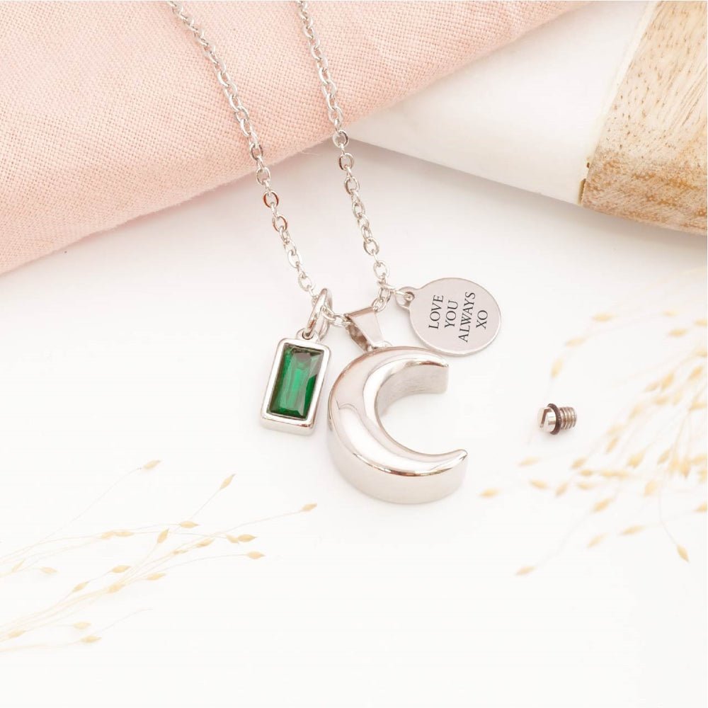 Engraved moon ashes necklace with personalised tag – thoughtful bereavement jewellery for loss of a loved one