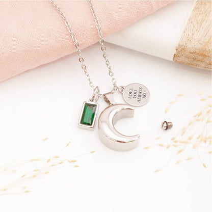 Engraved moon ashes necklace with personalised tag – thoughtful bereavement jewellery for loss of a loved one