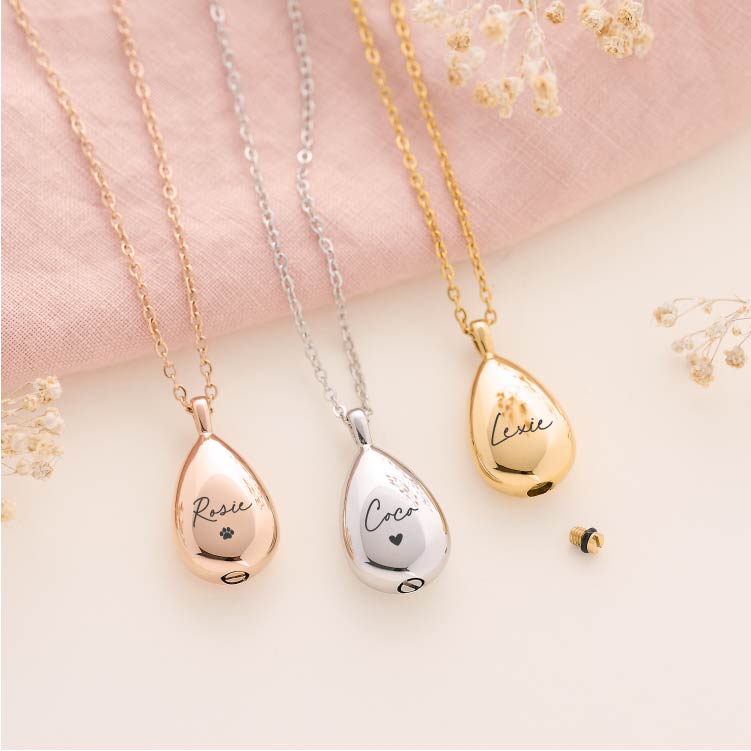 Teardrop pet memorial pendant with custom engraving – keepsake necklace for pet ashes
