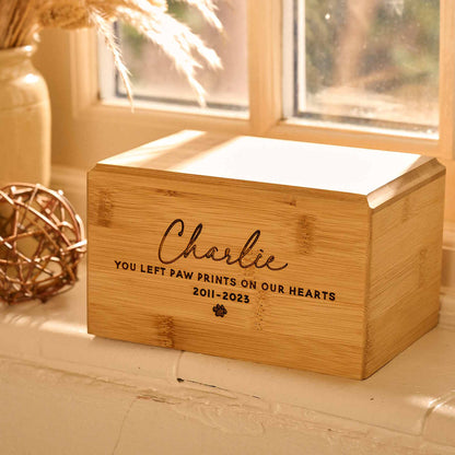 Personalised pet cremation urn in solid bamboo