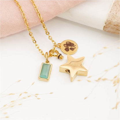 Paw print necklace gold with star urn and birthstone charm on a light background