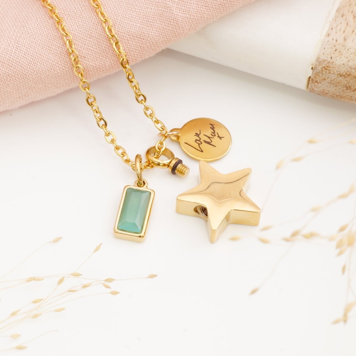 Close-up of star cremation necklace – engraved memorial pendant for stillborn loss or Mother's Day remembrance gift