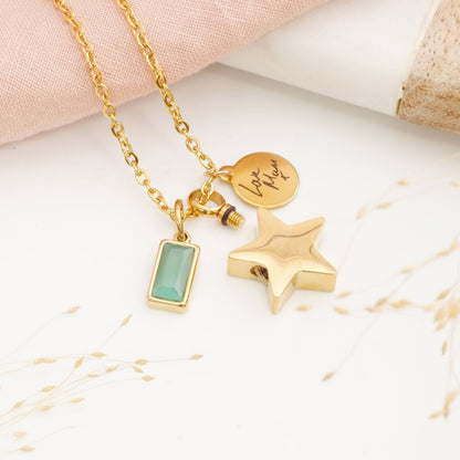 Close-up of star cremation necklace – engraved memorial pendant for stillborn loss or Mother's Day remembrance gift