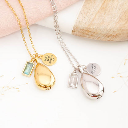 Detailed view of personalised teardrop ashes necklace – sympathy jewellery for loss of a child, mother, or father