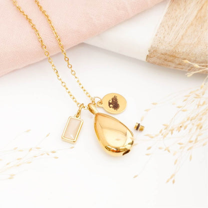 Nose print necklace gold, with teardrop shape memorial pendant and birthstone charm on a light background. Memorial necklaces UK 