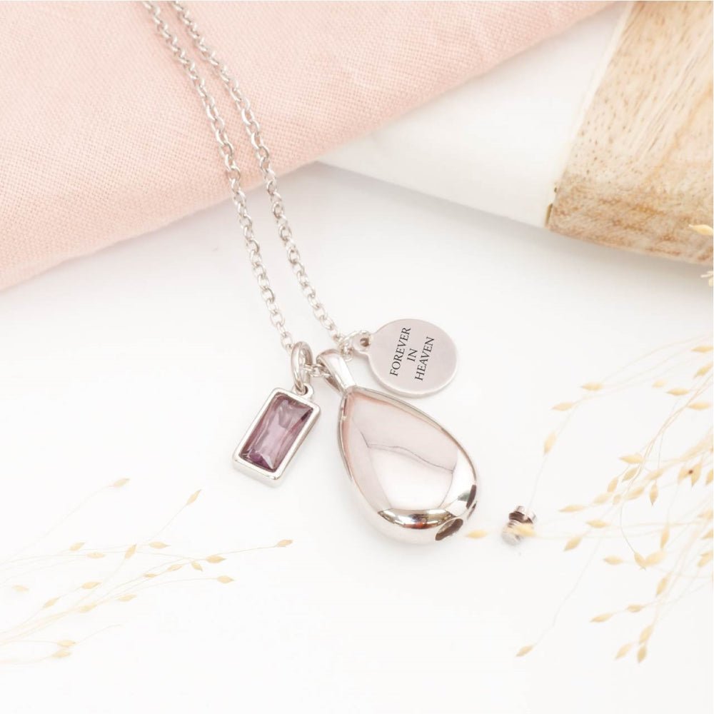 Close-up of teardrop cremation pendant – detailed view of memorial jewellery for stillborn loss or Mother's Day remembrance