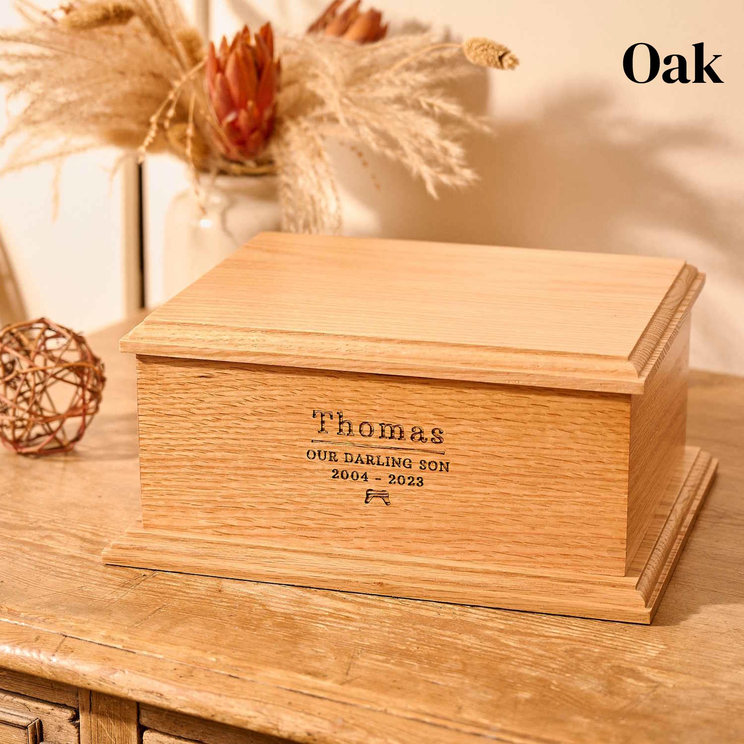 Personalised oak wood cremation urn for human ashes – handcrafted wooden memorial urn