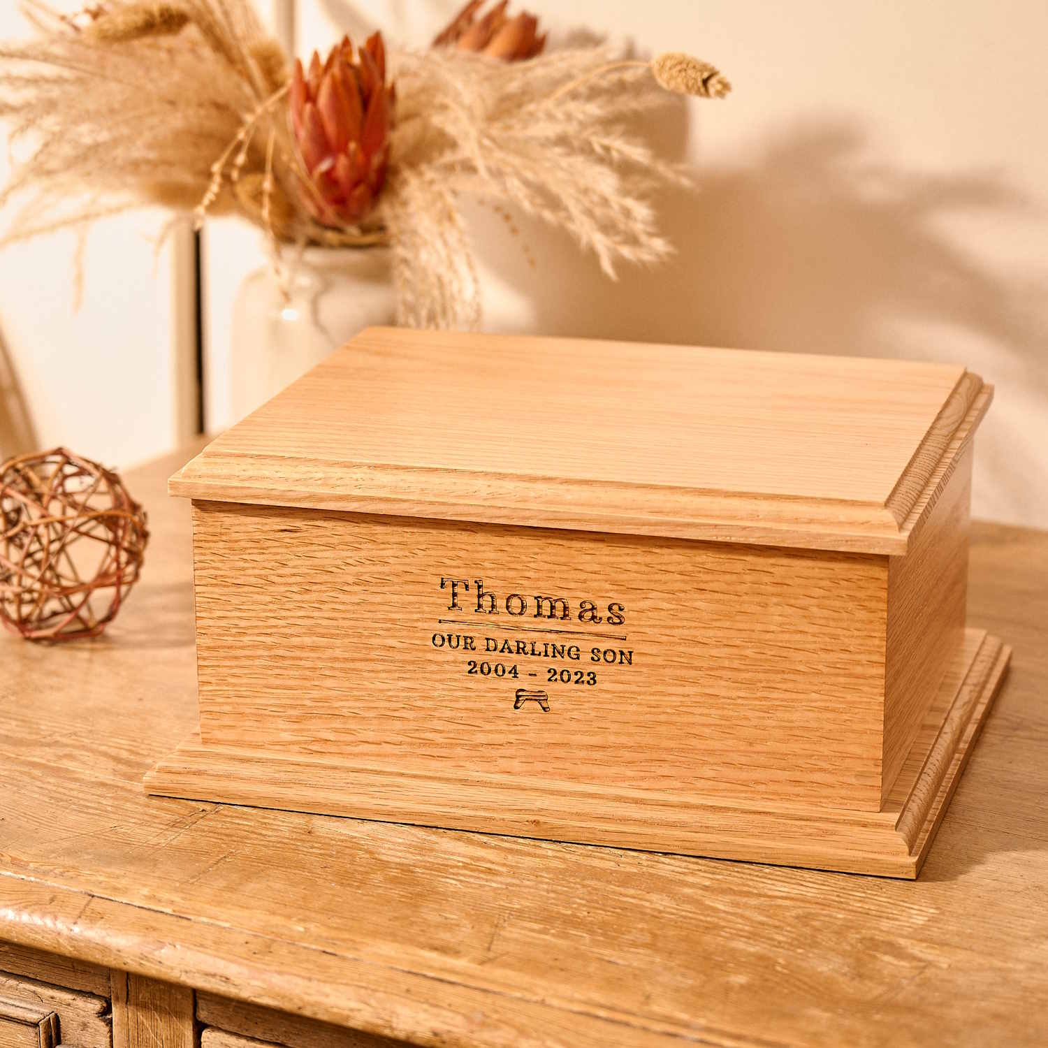 Handcrafted oak urn with custom engraving for human ashes – wooden ashes keepsake