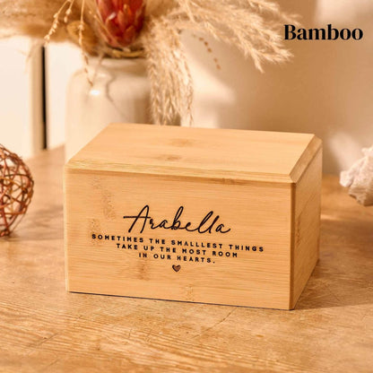 Eco-friendly infant urn made from bamboo – engraved cremation urn for stillborn or newborn baby.