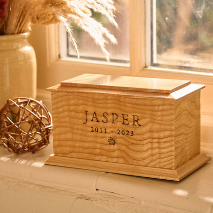 Personalised ash wood pet cremation urn – custom engraved wooden urn for pet ashes
