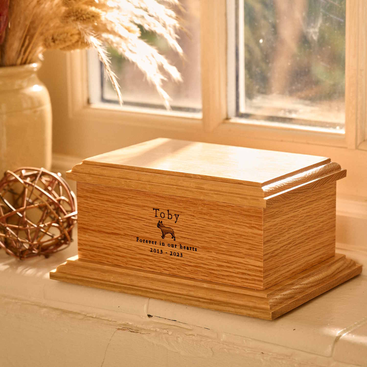 Handcrafted oak pet urn with custom engraving – wooden pet ashes keepsake