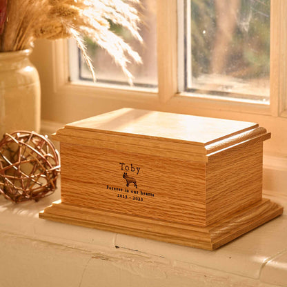Handcrafted oak pet urn with custom engraving – wooden pet ashes keepsake