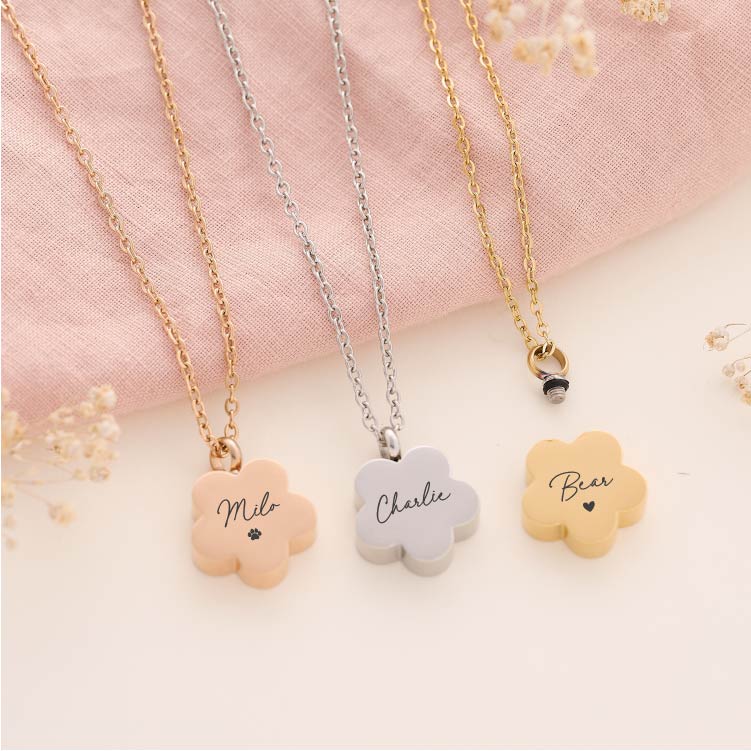 Flower-shaped pet memorial pendant with custom engraving – keepsake necklace for pet ashes