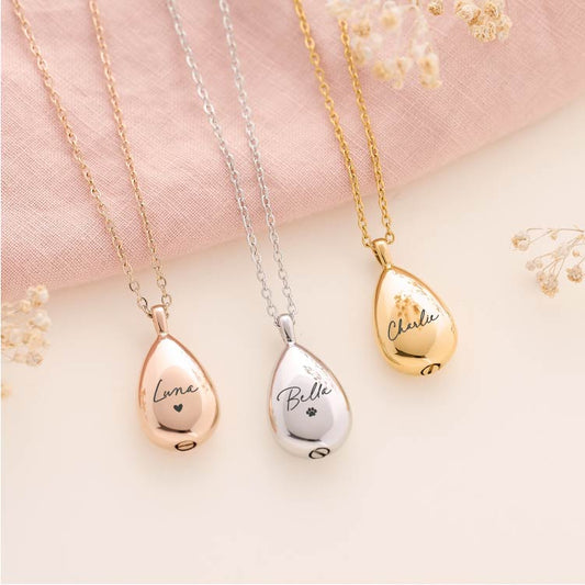 Personalised teardrop pet ashes necklace – engraved cremation jewellery for pet loss"