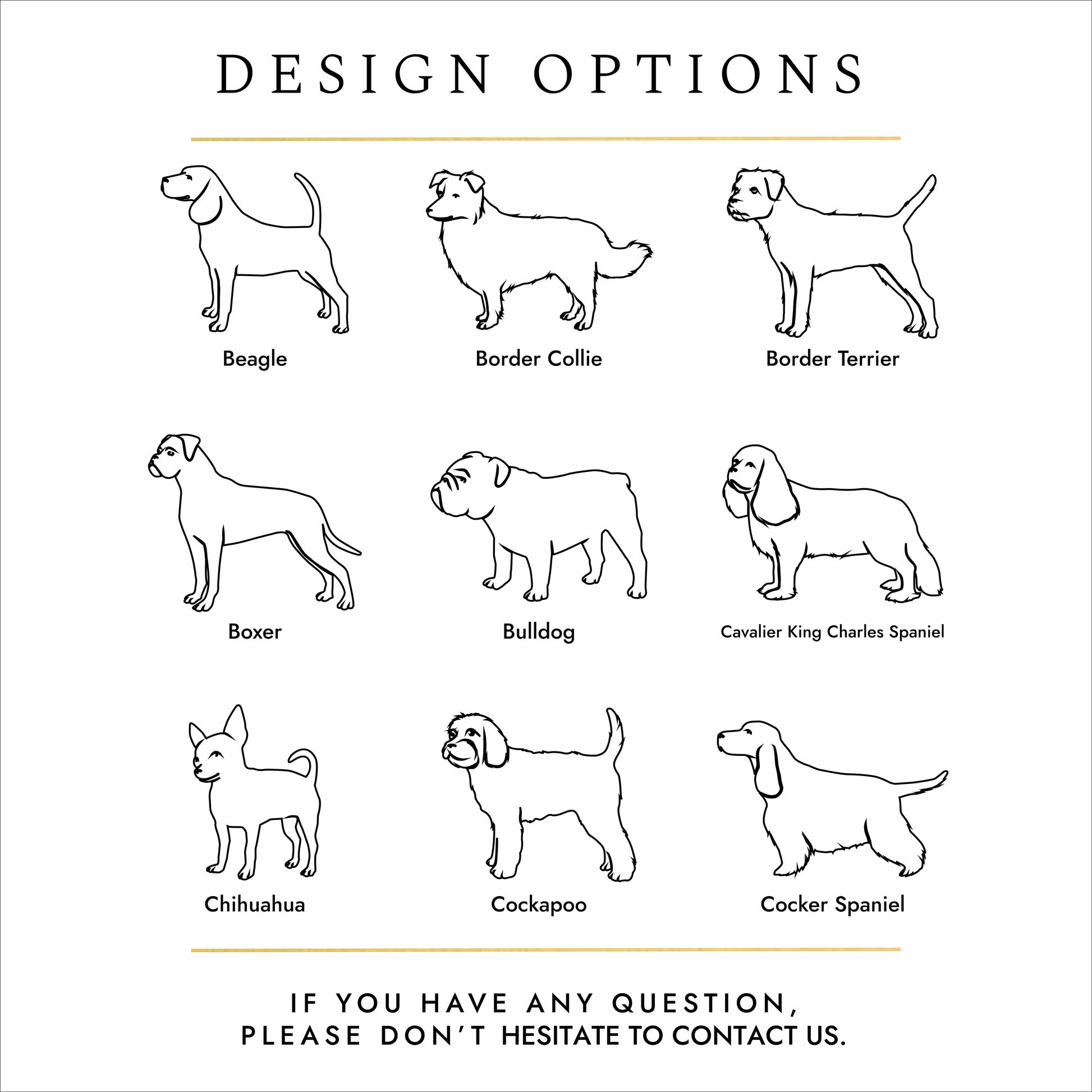Dog breed engraving options infographic – personalised pet urns for Cockerpoo, Beagle, Boxer, Bulldog and Cocker Spaniel