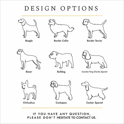 Dog breed engraving options infographic – personalised pet urns for Cockerpoo, Beagle, Boxer, Bulldog and Cocker Spaniel