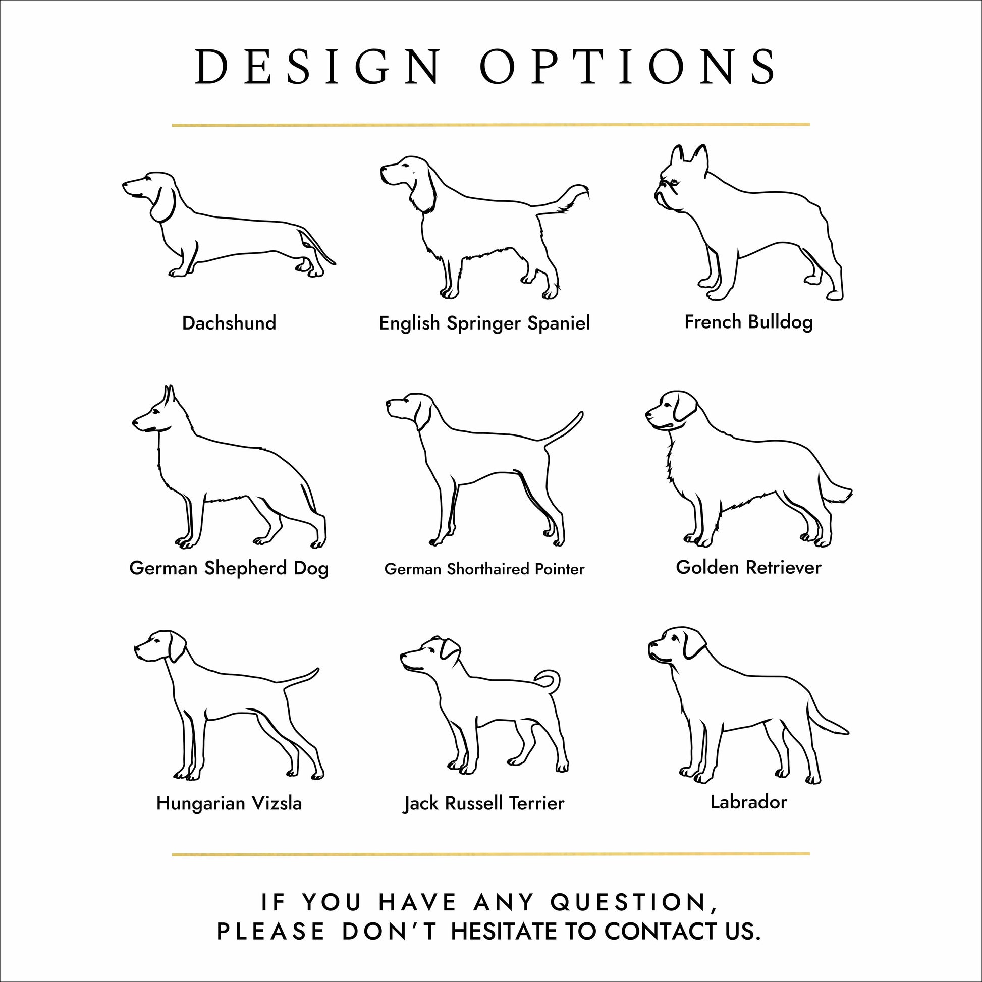 Pet urn engraving examples – dog silhouettes for dachshund, french bulldog, Golden Retriever, labrador and Jack Russell
