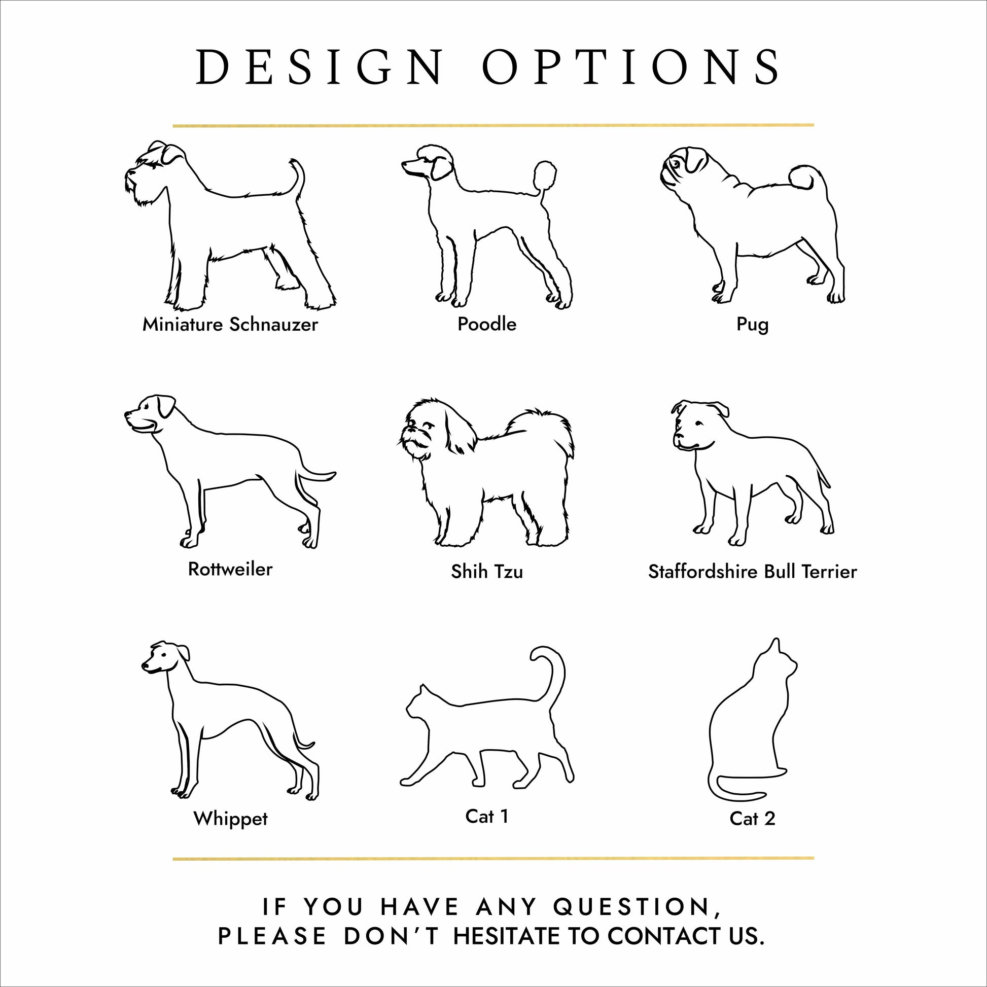 Pet urn engraving examples – dog silhouettes for Poodle, Pug, Staffie and Whippet memorials