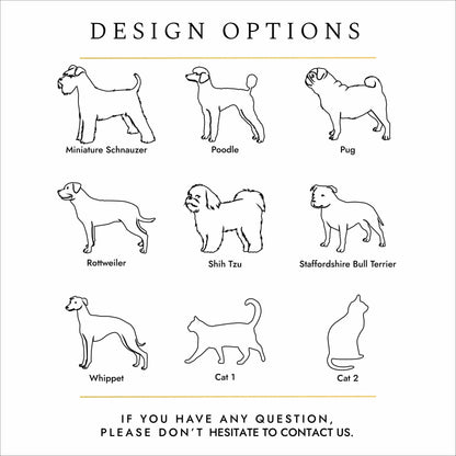 Pet urn engraving examples – dog silhouettes for Poodle, Pug, Staffie and Whippet memorials