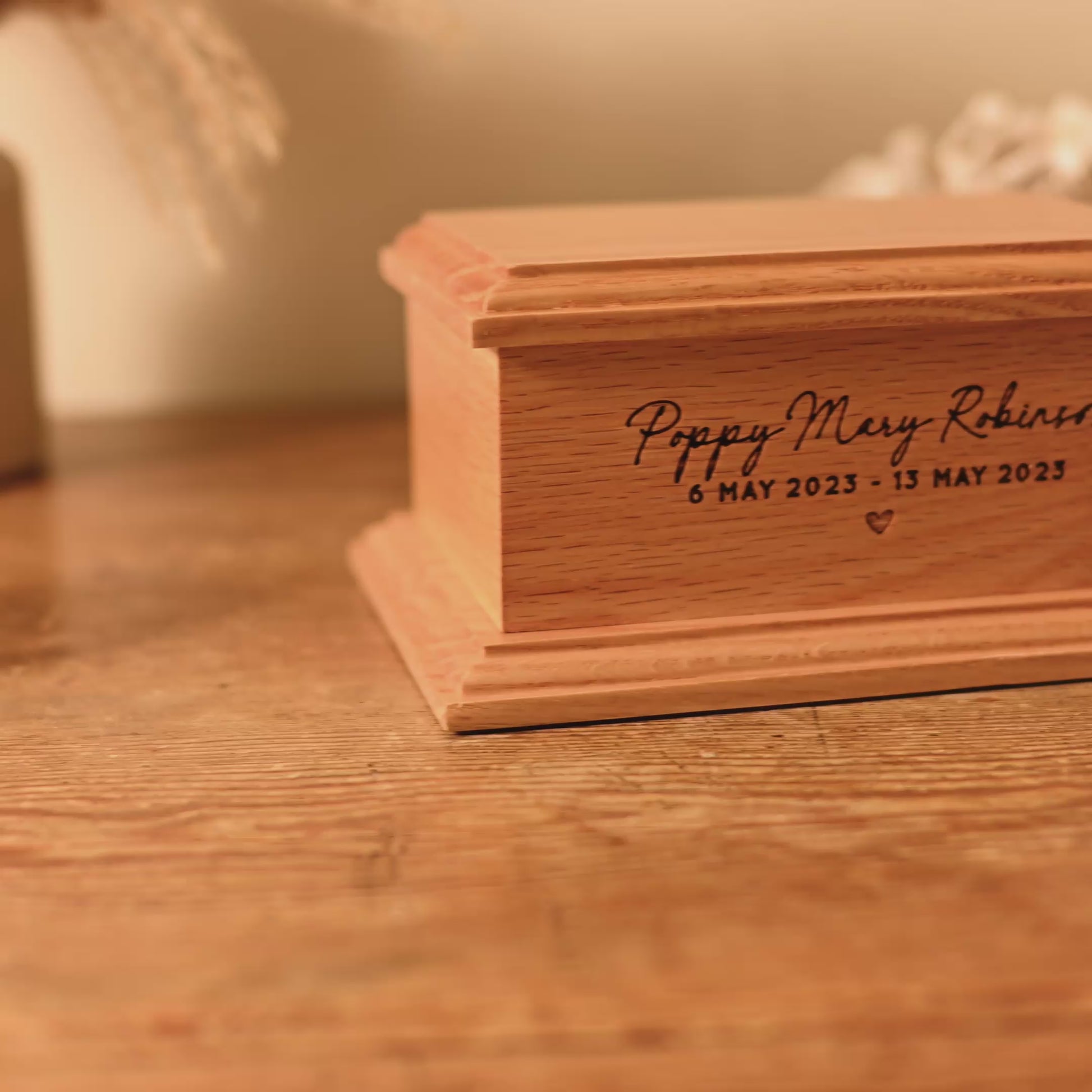 Overview video of personalised wooden cremation urn for stillborn baby.