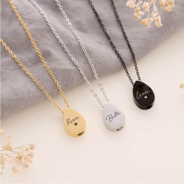 Personalised pet ashes necklace – engraved cremation jewellery for pet loss