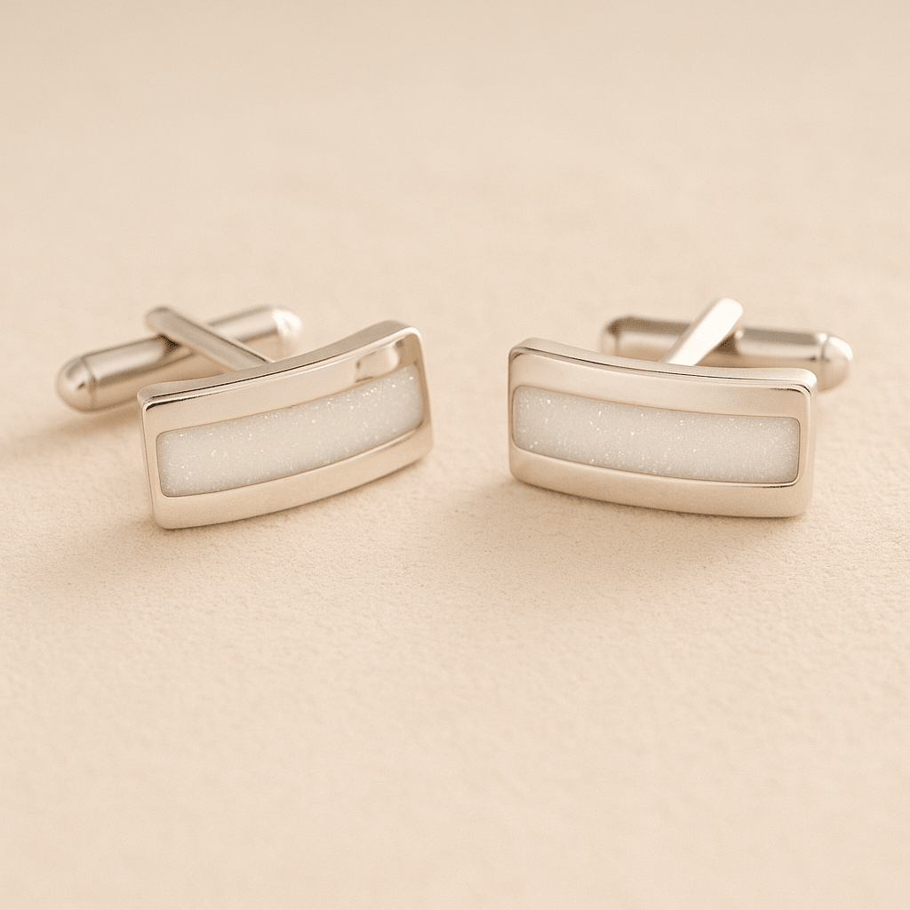 Silver Curved memorial cufflinks with white resin inlay with cremation ashes or fur on a beige background