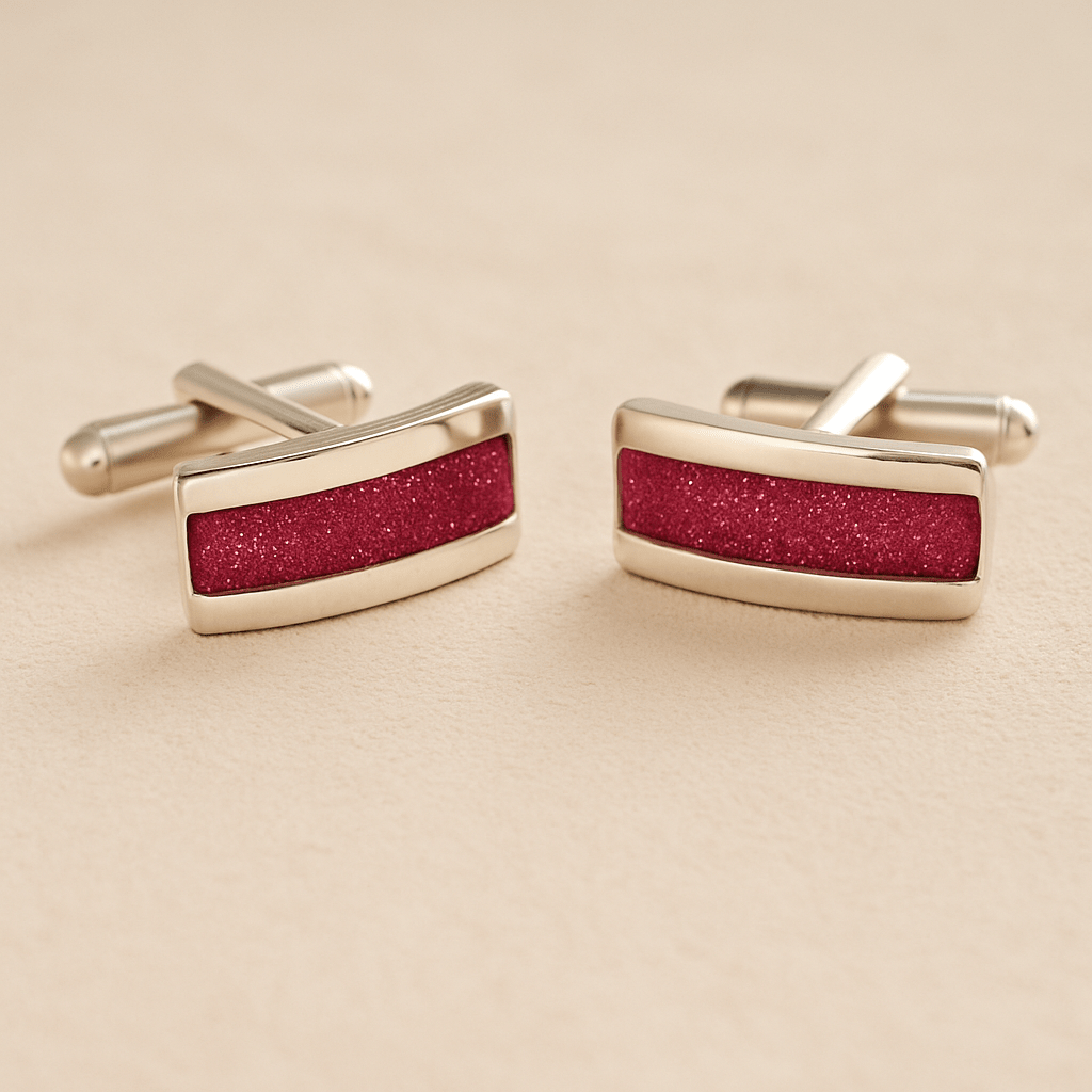 Silver Curved Ashes cufflinks with dark pink resin inlay with cremation ashes or fur on a beige background