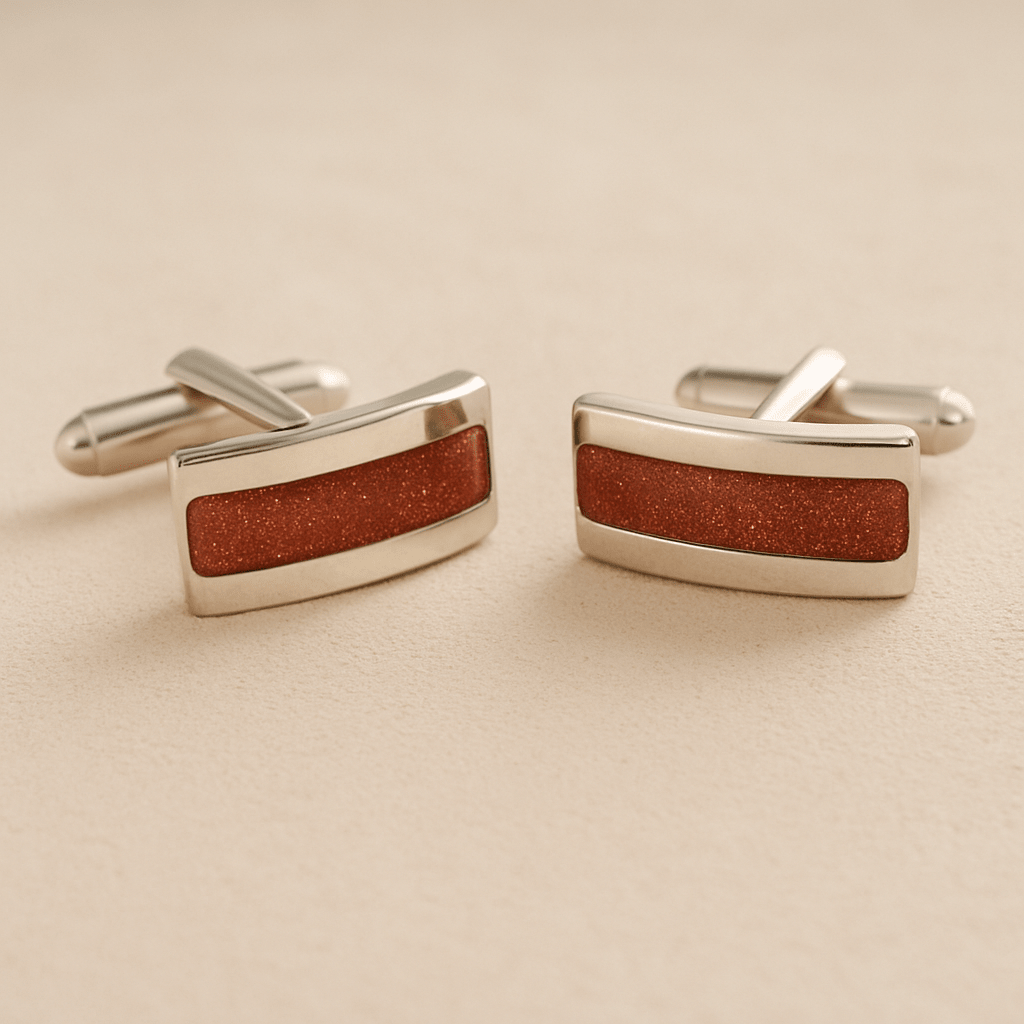 Silver Curved cremation cufflinks with rust colour resin inlay with cremation ashes or fur on a beige background