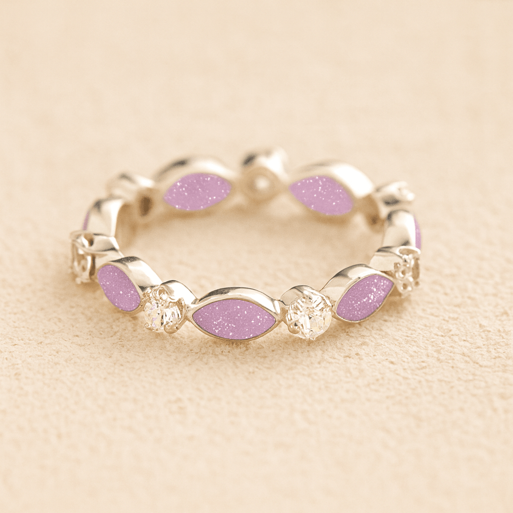 Silver cremation ashes ring with Lavender resin and crystal accents, filled with ashes or fur, displayed on a soft beige background – suitable for pet or human memorials.