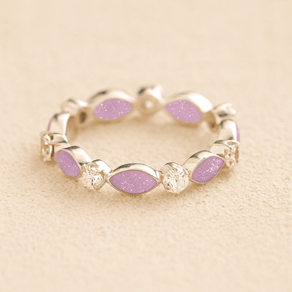 Silver cremation ashes ring with Lavender resin and crystal accents, filled with ashes or fur, displayed on a soft beige background – suitable for pet or human memorials.