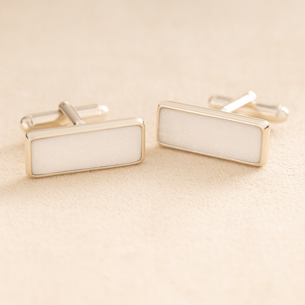 Silver Square Rectangle Memorial Ashes Cremation Cufflinks with White  resin, filled with ashes or fur, displayed on a soft beige background – suitable for pet or human memorials.