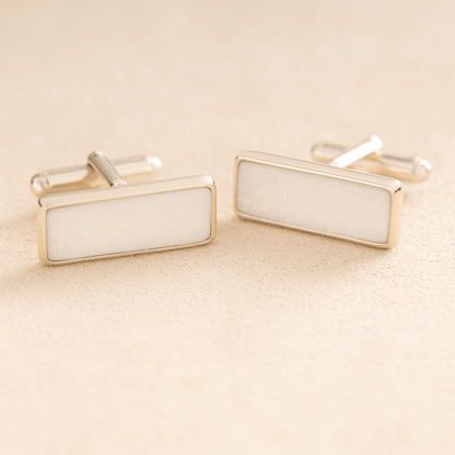 Silver Square Rectangle Memorial Ashes Cremation Cufflinks with White  resin, filled with ashes or fur, displayed on a soft beige background – suitable for pet or human memorials.