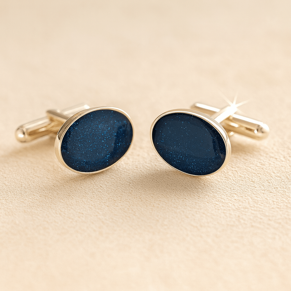 Silver oval ashes cufflinks with a navy resin infill made with ashes or fur on a beige background