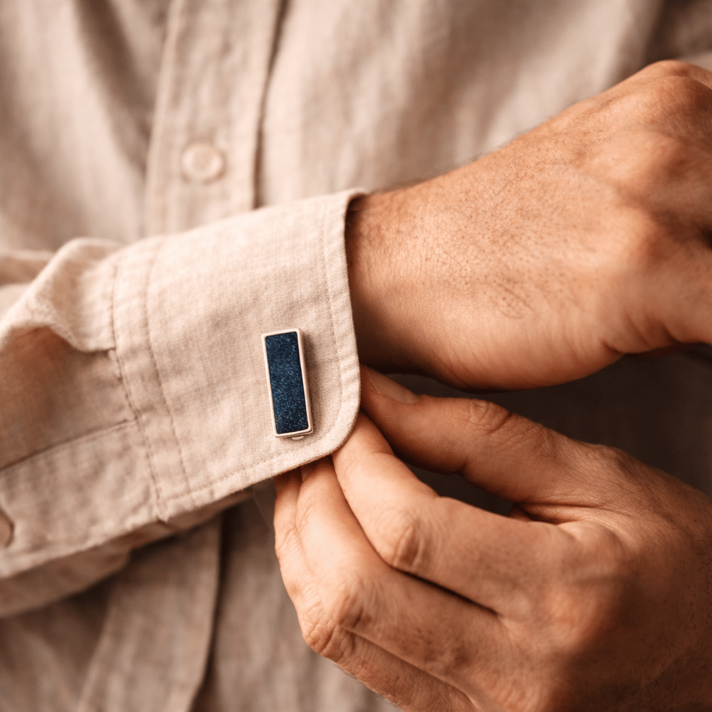Man adjusting an ashes cufflink on a beige shirt sleeve.
