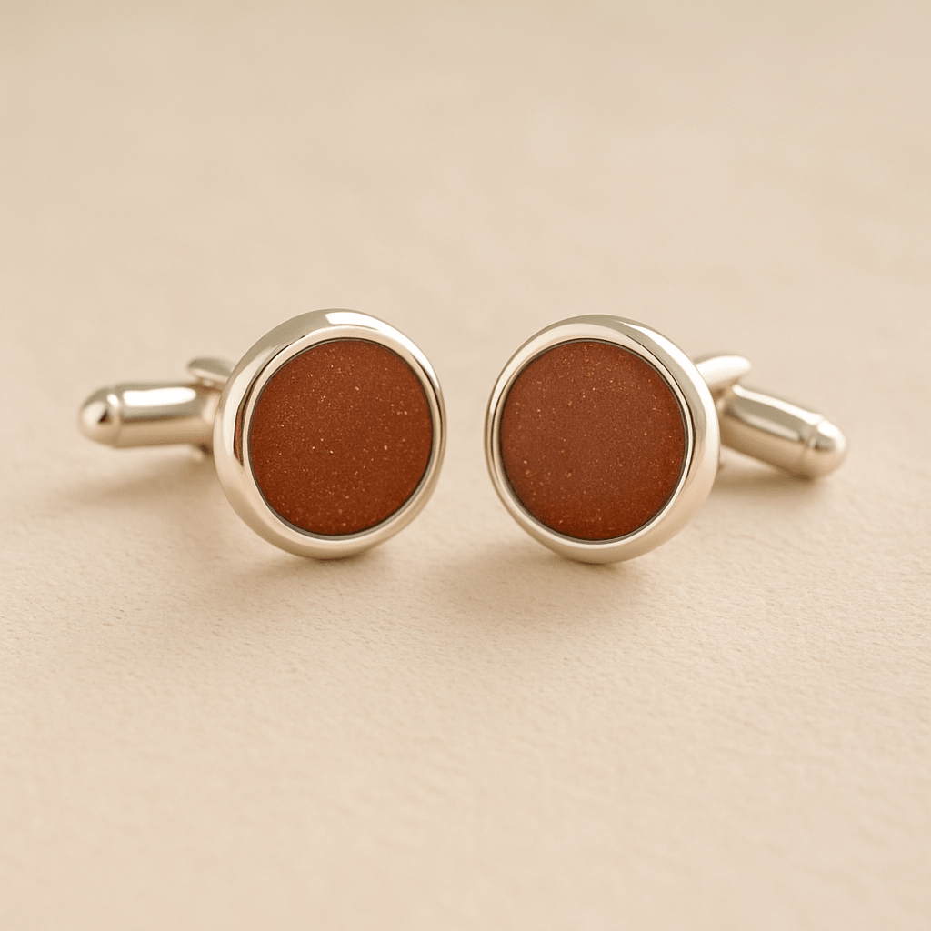 Silver Memorial Ashes Cufflinks with rust resin with ashes or fur on a beige background