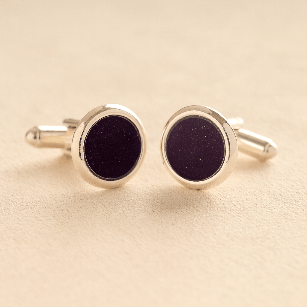 Silver Round Ashes Cufflinks with purple resin with ashes or fur on a beige background