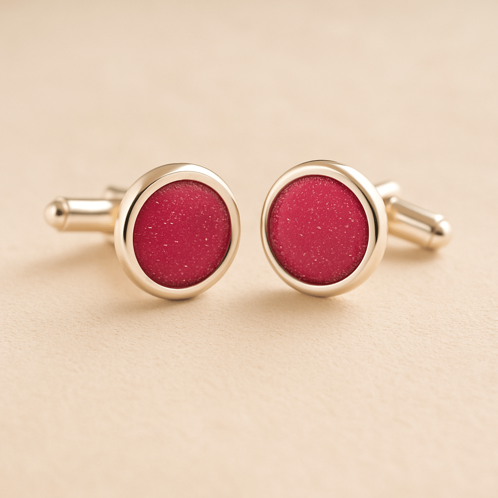 Silver Memorial Ashes Cufflinks with dark pink resin with ashes or fur on a beige background