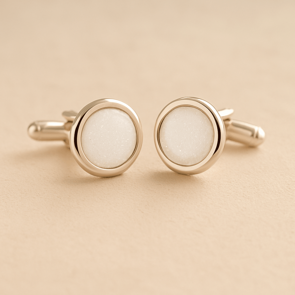 Silver Round Ashes Cufflinks with white resin with ashes or fur on a beige background